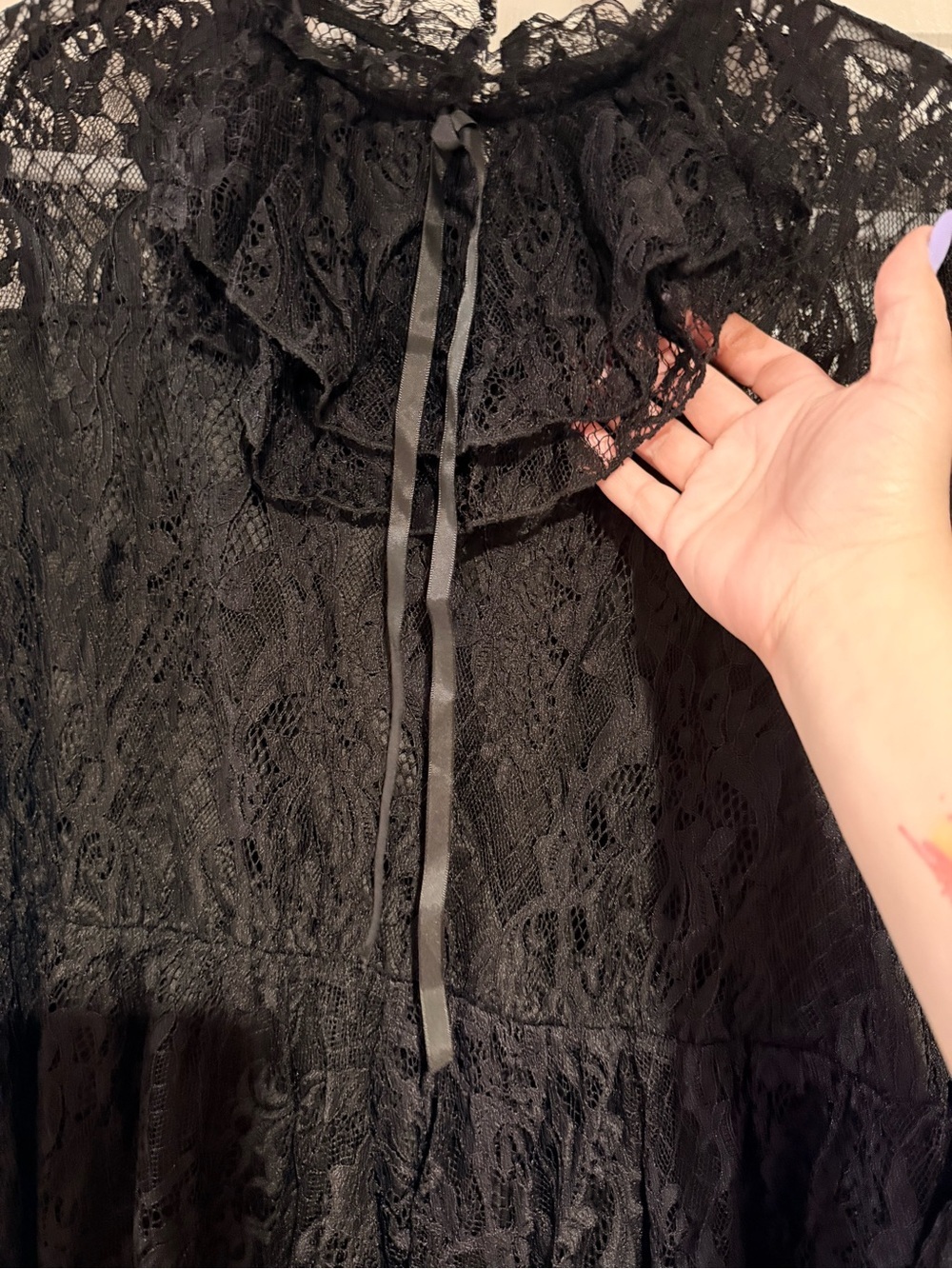 SHEIN Black Lace Long Sleeve Ruffled Tie Neck Mini Dress - Picture 5 of 8